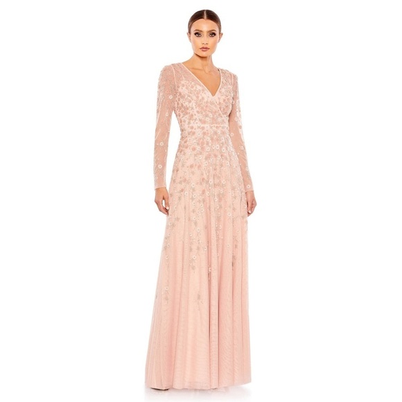 MAC DUGGAL embellished illusion long sleeve A-line gown in peach 6 NWT